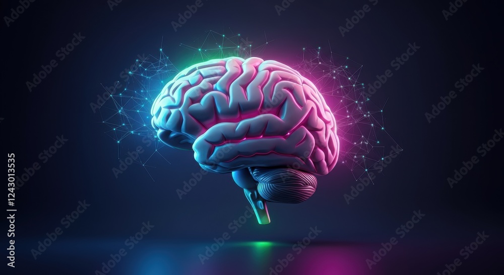 Wall mural glowing brain with neural network on dark background
