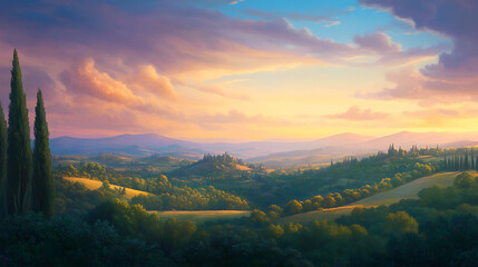 Obraz premium serene hinterland landscape with rolling hills, dense forests, and a wide, open sky at dusk. Soft, warm colors and a peaceful