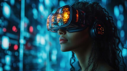 Woman immersed in virtual reality, exploring a futuristic digital landscape with glowing elements