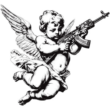 Evil angels wielding weapons. Halftone effect. 