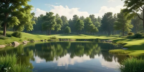 Fototapeta premium Serene golf course landscape with a serene pond and lush greenery in the background, trees, serene, pond