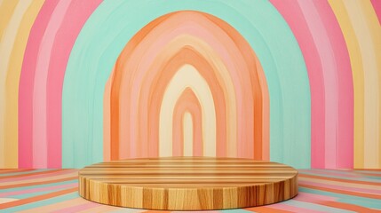 Naklejka premium Elegant wooden product podium in a circular design, framed by a retro-inspired pastel geometric motif background