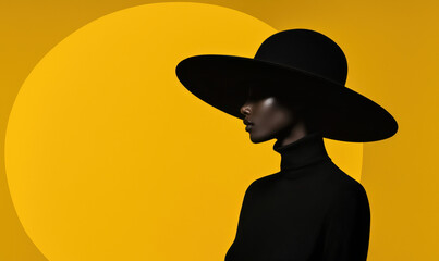 Striking Fashion Portrait with Dramatic Silhouette and Bold Yellow Background Featuring an Elegant Black Hat