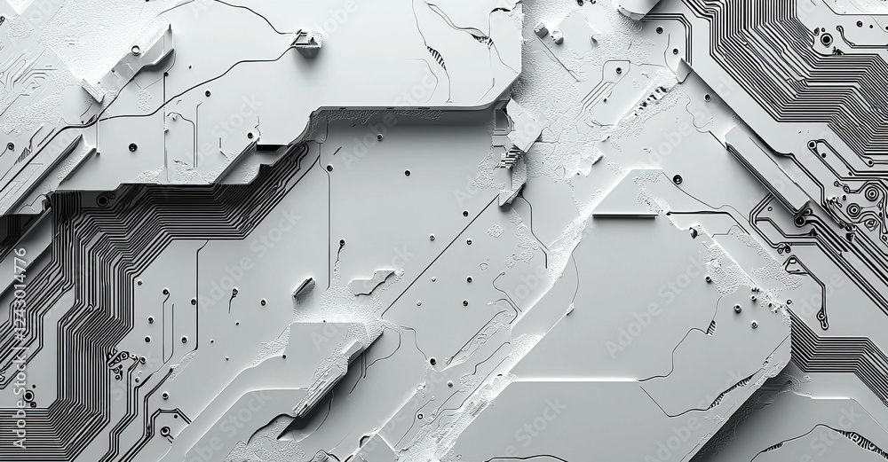 Poster high-tech circuit board connection system displayed as a black circuit diagram on a white background