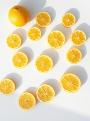 Sliced lemon arranged in different orientations on a blank white sheet, slices, cut, macro, angles, close-up