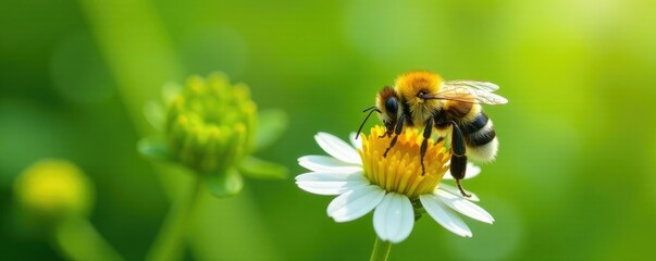 Small garden bumblebee on white clover with pollen on its body, insect, yellow, green
