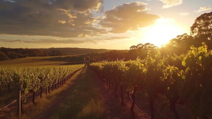Obraz premium A serene vineyard at sunset, showcasing rows of grapevines under a colorful sky.