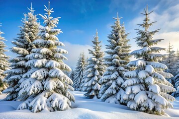 Fototapeta premium Snow-covered fir trees sway gently in the wind with a soft blanket of powder covering their limbs and branches, wintery landscape, soft snowfall, frosty evergreen
