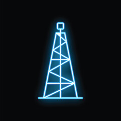 Glowing neon line oil drilling derrick icon isolated on black background vector illustration
