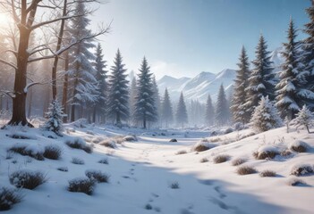 Obraz premium Snowflakes gently falling on a winter wonderland scene, serene, serene scenery, frozen lake