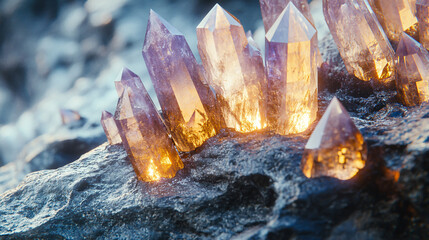 A collection of crystals resting atop a rocky surface.