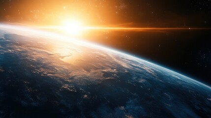 Illustration of Earth's perihelion, showing its glowing surface and the Sun's fiery energy rays in stunning detail