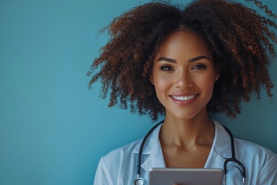 Female health worker with a device to gather medical data
