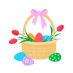Basket with Easter eggs and tulips colorful vector illustration