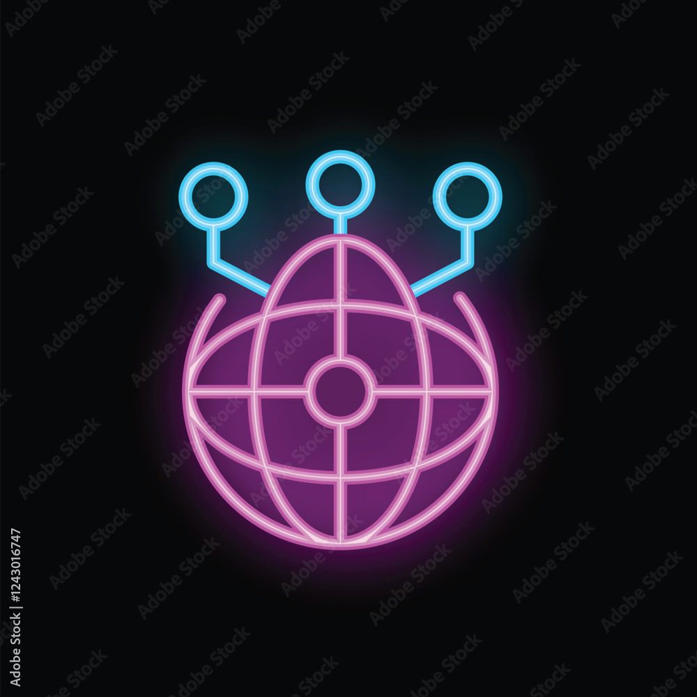 Poster neon icon of a globe with three points connected to it, representing global network and worldwide co