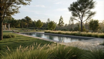 Soft grass and trees surrounding the pool at Cascade Springs, lush vegetation, greenery, natural setting