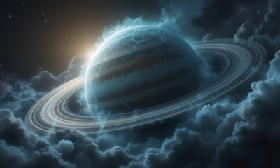 "A gas giant planet with swirling storms and a glowing ring system, set against a star-filled galaxy background."
