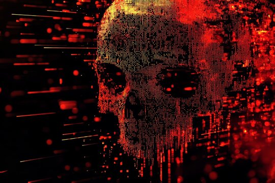 A glowing abstract digital skull hologram with a blue glitch effect, displayed on a dark backdrop, illustrating the concepts of viruses, crime, and hacking. 3D Rendering.
