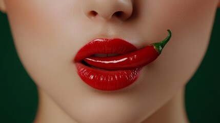 Obraz premium a close up shot of a woman's lips covered in red lip gloss biting into a chilli