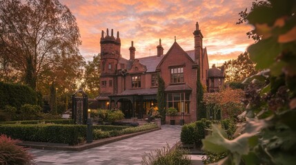 Elegant mansion illuminated at dusk surrounded by lush greenery, showcasing architectural beauty and peaceful ambiance in a serene setting