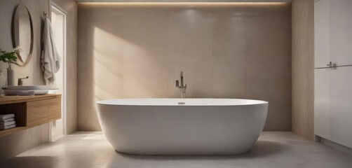 Fototapeta premium Softly lit oval bathtub in a minimalist bathroom with a small footprint, oval shape, minimal decor