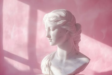 ethereal marble aphrodite sculpture in contemplative pose against soft pastel pink backdrop, dramatic side lighting creating subtle shadows