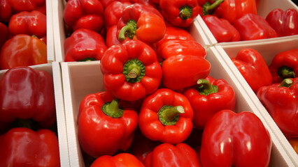Close-up of many red bell peppers in market boxes