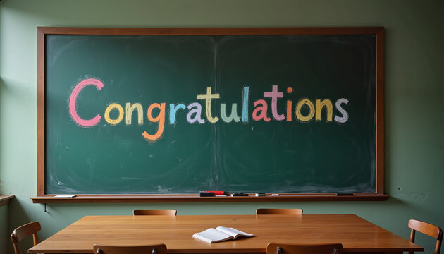 Colorful "Congratulations" chalk art on blackboard in classroom, celebration