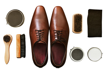 Men's leather shoes PNG transparent background flat lay with polishing tools