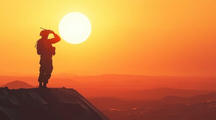 Military guard scanning horizon at sunset fortified wall high-resolution image desert landscape dramatic viewpoint