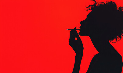 Striking Silhouette of a Smoking Figure Against a Vivid Red Background Conveying Social Commentary and Intriguing Mood