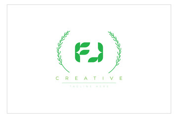FJ letters eco logo with leaf. Fresh nature and healthy leaf logo design.