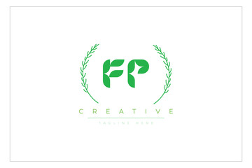 FP letters eco logo with leaf. Fresh nature and healthy leaf logo design.