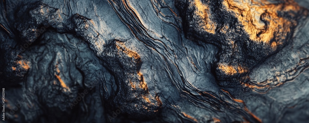 Poster Dark rock face texture with golden streaks forming abstract pattern