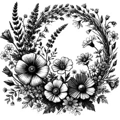 a wildflower wreath, sketch engraving black and white