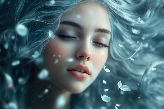 ethereal portrait of a young woman with flowing silver hair illuminated by soft moonlight, delicate flower petals floating around her serene expression - Powered by Adobe