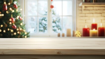Wooden table devoid of items, surrounded by Christmas decorations