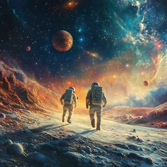 Obraz premium Astronauts witnessing space earth spacecraft wallpaper background image surreal horizon