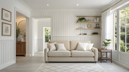 Fototapeta premium Modern living room interior, minimalist style, light beige sofa with white throw pillows, centered in frame, (sofa:1.2), (detailed fabric texture:1.2), small light brown coffee table beside sofa