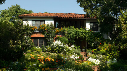 Lush garden house, sunny day, vibrant flowers, landscaping design, real estate