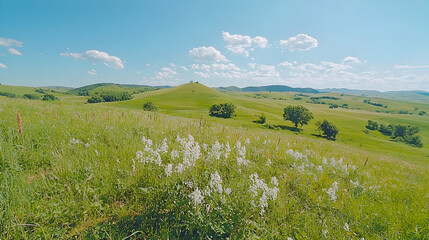 Fototapeta premium Sunny day, rolling hills, wildflowers, peaceful landscape, travel