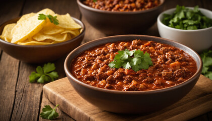 Chili with Chips with Rustic Mood, Representing Comfort Food Against Wooden Table