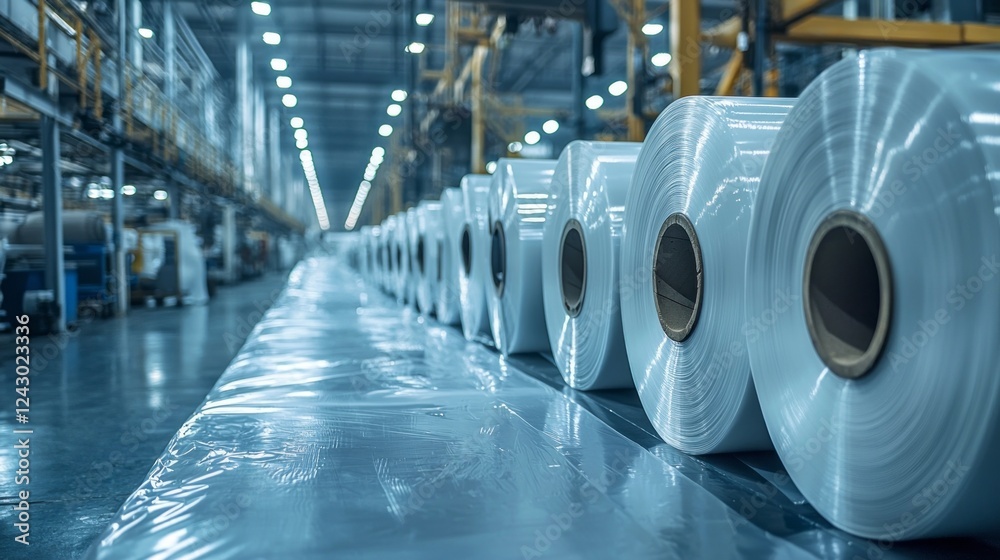 Poster bright and spacious industrial area showcases numerous large rolls of white material, organized neat