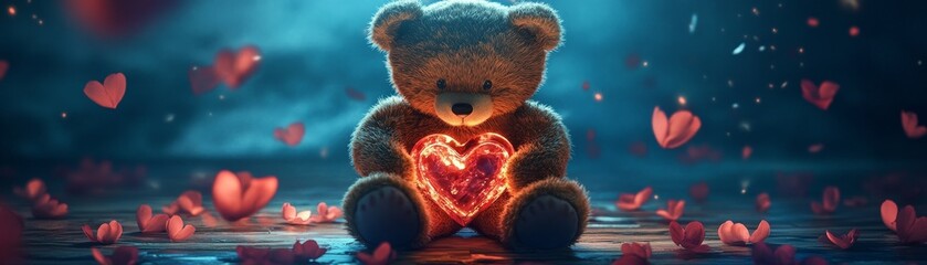Fototapeta premium Adorable teddy bear holding glowing heart cozy room digital art romantic atmosphere close-up viewpoint love concept for valentine's day