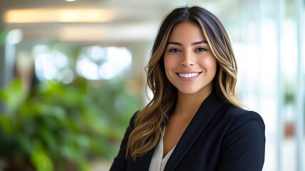Happy young Hispanic professional business woman using tab standing in office. Happy businesswoman manager female executive leader holding tab at work
