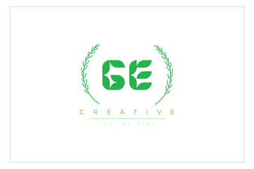 GE letters eco logo with leaf. Fresh nature and healthy leaf logo design.
