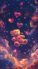 Fototapeta premium Floating teddy bear surrounded by floating hearts in a dreamy night sky fantasy illustration whimsical environment enchanting viewpoint love concept