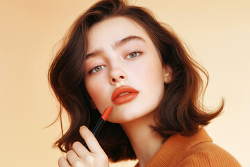 Close-up portrait featuring a person applying luxurious lipstick to enhance beauty. Elegant close-up of a young woman applying lipstick, highlighting glamour and aesthetics