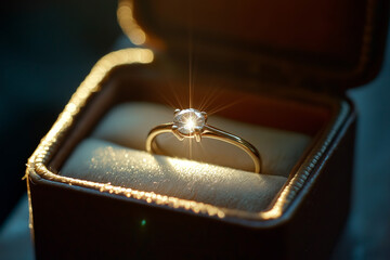 Elegant diamond engagement ring in gold setting, displayed in a box. A stunning diamond ring in a gift box, symbolizing love, commitment, and celebration. Luxury jewelry closeup