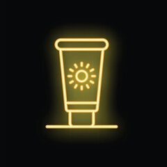 Neon yellow glowing sunscreen tube standing on a shelf, reminding you to protect your skin from the sun